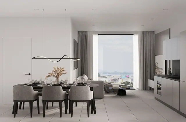 Next Point Condominium — Столовая с кухней и видом на город · 3 спальни, Раваи и Най Харн, Пхукет