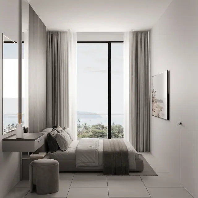 Next Point Condominium — Спальня с туалетным столиком и видом на море, Раваи и Най Харн, Пхукет