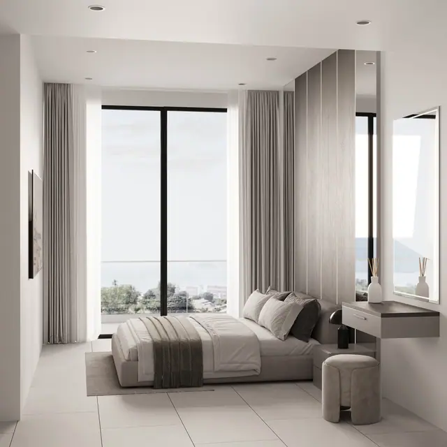Next Point Condominium — Спальня с туалетным столиком у панорамного окна, Раваи и Най Харн, Пхукет