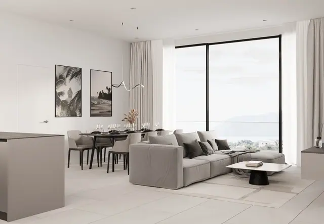 Next Point Condominium — Гостиная-столовая с видом на бухту, Раваи и Най Харн, Пхукет