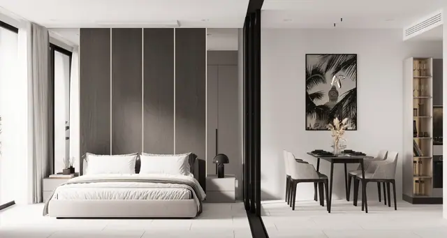 Next Point Condominium — Студия: спальная зона и столовая за перегородкой, Раваи и Най Харн, Пхукет
