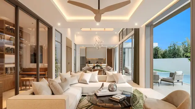 The Ozone Campus Villa — Гостиная с угловым диваном и стеллажом, Банг Тао и Лагуна, Пхукет