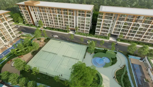 Ozone Oasis Condominium — Корт и водный канал с высоты, Банг Тао и Лагуна, Пхукет