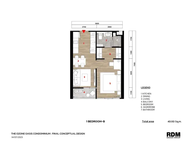 Ozone Oasis Condominium — Планировка 1 Bedroom B — 40 м², Банг Тао и Лагуна, Пхукет