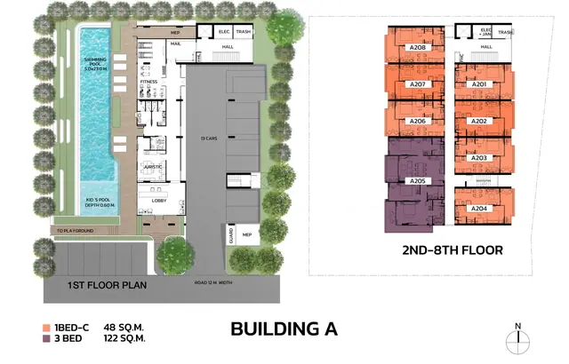 Ozone Oasis Condominium — Корпус A: план 1-го этажа и типовой 2–8 этажей, Банг Тао и Лагуна, Пхукет