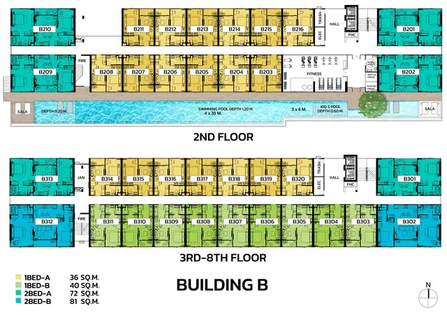 Ozone Oasis Condominium — Корпус B: план 2-го этажа (бассейн 4×35 м, фитнес) и типовой 3–8 этажей, Банг Тао и Лагуна, Пхукет
