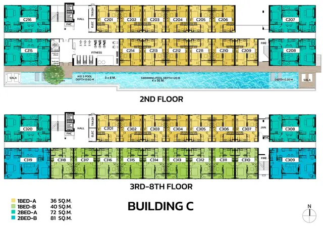 Ozone Oasis Condominium — Корпус C: план 2-го этажа и типовой 3–8 этажей, Банг Тао и Лагуна, Пхукет