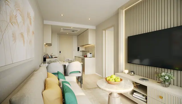 Ozone Oasis Condominium — Гостиная с телевизором, Банг Тао и Лагуна, Пхукет