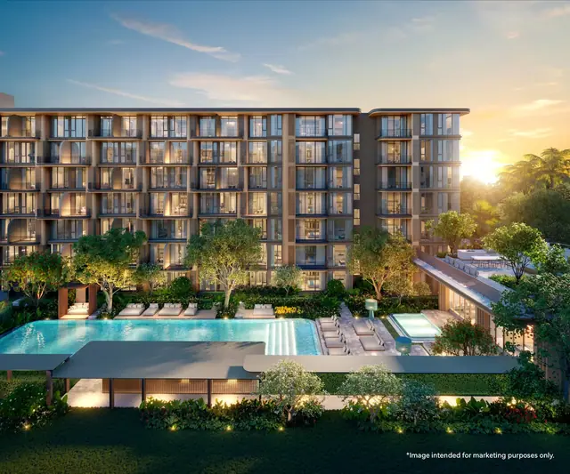 PEYLAA Phuket, Autograph Collection Residences — Фасад корпуса A с бассейном на закате, Банг Тао и Лагуна, Пхукет