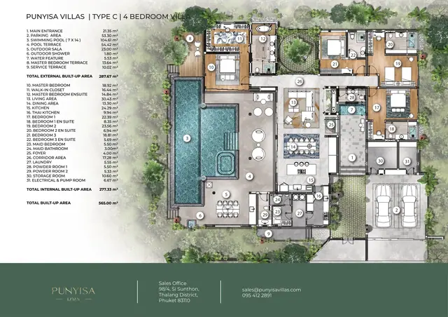 Punyisa Cocos — Тип C · 4 спальни + кабинет · 326–333 м² внутри, Лаян, Пхукет