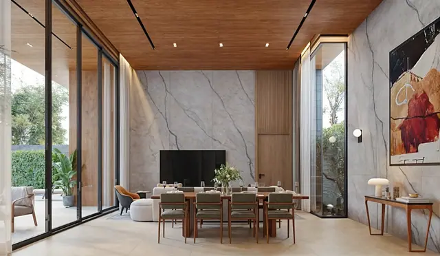 Redwood Lakeside — Гостиная-столовая с мраморной стеной, Банг Тао и Лагуна, Пхукет