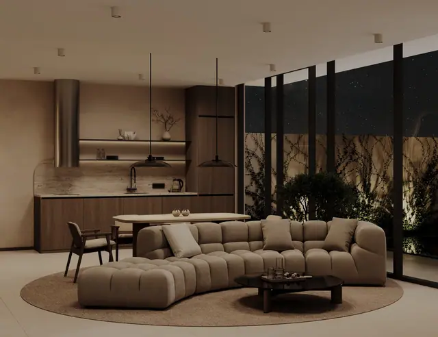Rise Villas — Гостиная и кухня вечером, Банг Тао и Лагуна, Пхукет