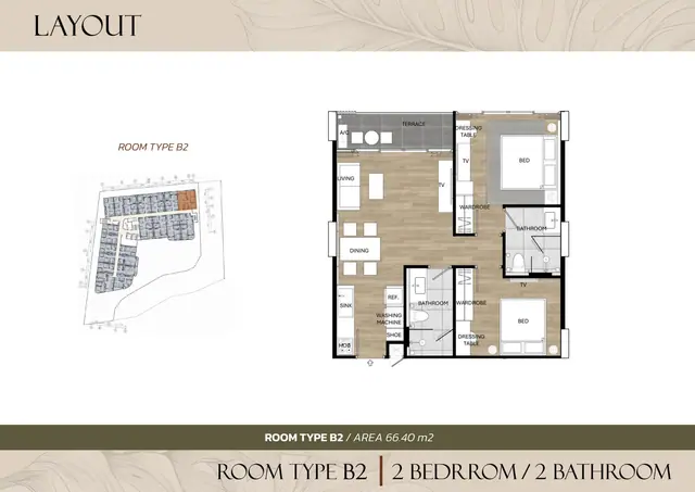 Saint Tropez Naithon — 2 спальни / 2 с/у — тип B2 · 66.40 м², Лаян, Пхукет