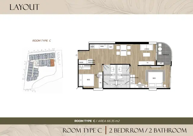 Saint Tropez Naithon — 2 спальни / 2 с/у — тип C · 66.35 м², Лаян, Пхукет