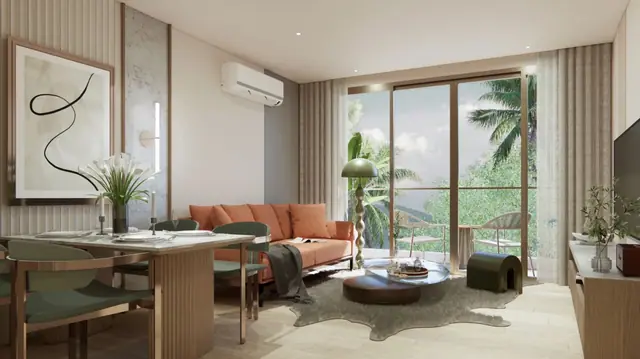 Saint Tropez Naithon — 1 спальня тип A2 · 46.58 м² — гостиная, Лаян, Пхукет