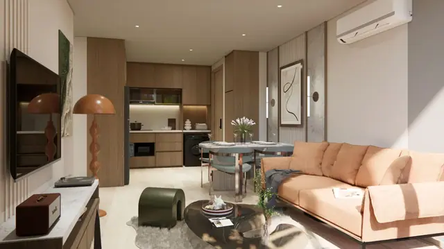 Saint Tropez Naithon — 2 спальни тип A3 · 66.15 м² — гостиная с кухней, Лаян, Пхукет