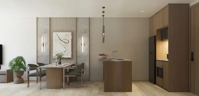 Saint Tropez Naithon — 2 спальни тип C2 · 58.65 м² — кухня и столовая, Лаян, Пхукет