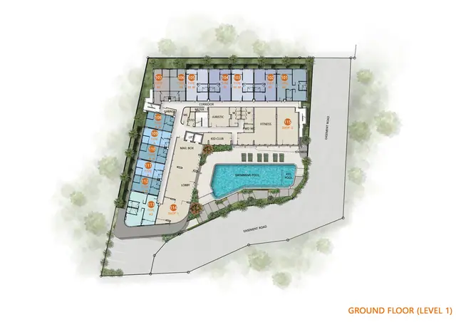 Saint Tropez Naithon — Генплан участка: корпус A, бассейн и въезд (уровень 1), Лаян, Пхукет