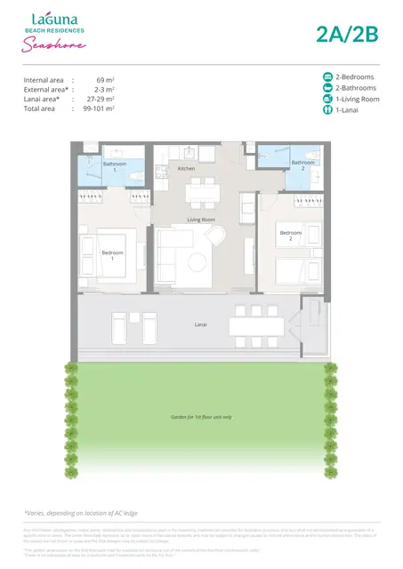 Seashore Laguna Beach Residences — Типы 2A/2B — 2 спальни · 99–101 м² (балкон), Банг Тао и Лагуна, Пхукет