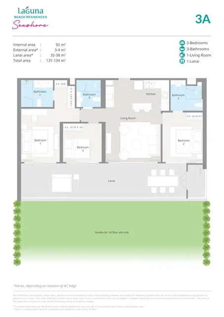 Seashore Laguna Beach Residences — Тип 3A — 3 спальни · 131–134 м² (балкон), Банг Тао и Лагуна, Пхукет