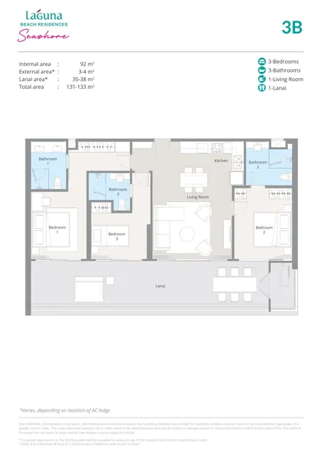 Seashore Laguna Beach Residences — Тип 3B — 3 спальни · 131–133 м² (балкон), Банг Тао и Лагуна, Пхукет