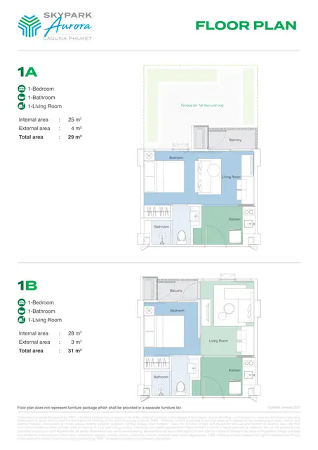 Skypark Aurora — Типы 1A и 1B — 1 спальня · 29 и 31 м², Банг Тао и Лагуна, Пхукет