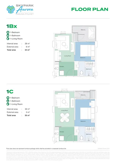 Skypark Aurora — Типы 1Bx и 1C — 1 спальня · 34 и 36 м², Банг Тао и Лагуна, Пхукет