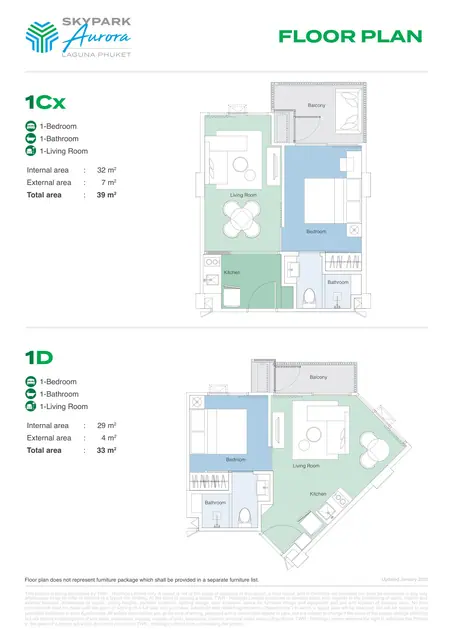 Skypark Aurora — Типы 1Cx и 1D — 1 спальня · 39 и 33 м², Банг Тао и Лагуна, Пхукет