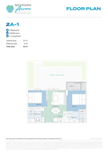 Skypark Aurora — Тип 2A-1 — 2 спальни · 40 м², Банг Тао и Лагуна, Пхукет