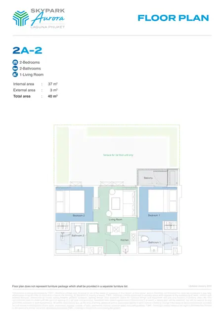 Skypark Aurora — Тип 2A-2 — 2 спальни · 40 м², Банг Тао и Лагуна, Пхукет