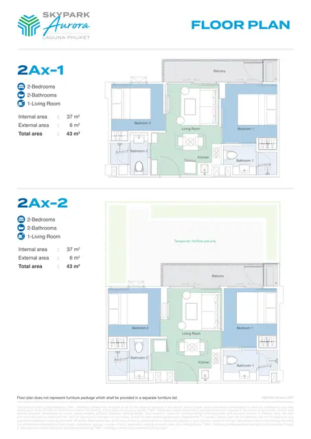 Skypark Aurora — Типы 2Ax-1 и 2Ax-2 — 2 спальни · 43 м², Банг Тао и Лагуна, Пхукет
