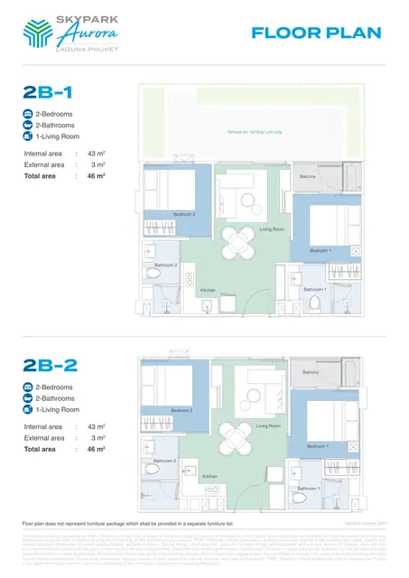 Skypark Aurora — Типы 2B-1 и 2B-2 — 2 спальни · 46 м², Банг Тао и Лагуна, Пхукет