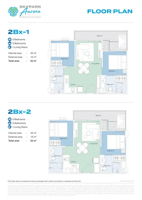 Skypark Aurora — Типы 2Bx-1 и 2Bx-2 — 2 спальни · 52 м², Банг Тао и Лагуна, Пхукет