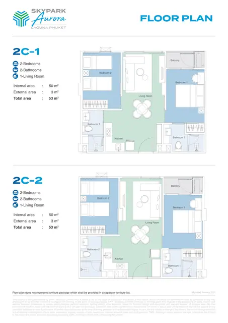 Skypark Aurora — Типы 2C-1 и 2C-2 — 2 спальни · 53 м², Банг Тао и Лагуна, Пхукет
