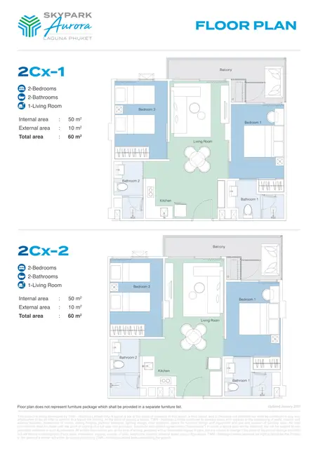 Skypark Aurora — Типы 2Cx-1 и 2Cx-2 — 2 спальни · 60 м², Банг Тао и Лагуна, Пхукет