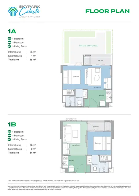 Skypark Celeste — Типы 1A и 1B — 1 спальня · 29 и 31 м², Банг Тао и Лагуна, Пхукет