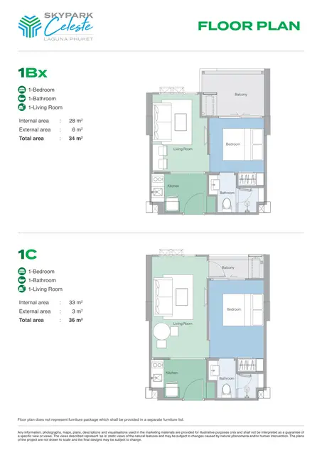 Skypark Celeste — Типы 1Bx и 1C — 1 спальня · 34 и 36 м², Банг Тао и Лагуна, Пхукет