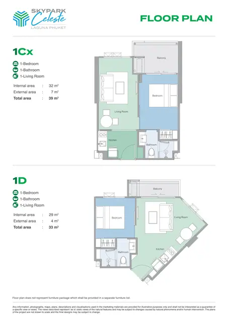Skypark Celeste — Типы 1Cx и 1D — 1 спальня · 39 и 33 м², Банг Тао и Лагуна, Пхукет
