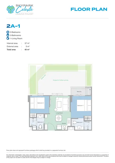 Skypark Celeste — Тип 2A-1 — 2 спальни · 40 м², Банг Тао и Лагуна, Пхукет