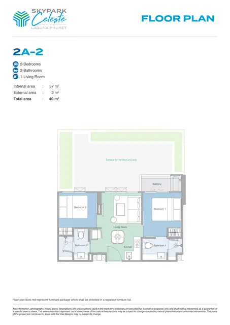 Skypark Celeste — Тип 2A-2 — 2 спальни · 40 м², Банг Тао и Лагуна, Пхукет