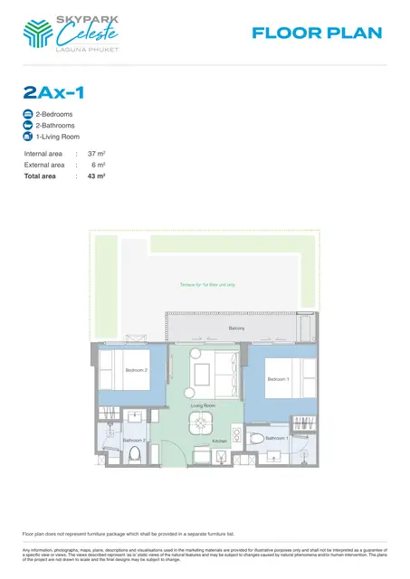 Skypark Celeste — Тип 2Ax-1 — 2 спальни · 43 м², Банг Тао и Лагуна, Пхукет