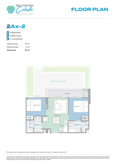 Skypark Celeste — Тип 2Ax-2 — 2 спальни · 43 м², Банг Тао и Лагуна, Пхукет