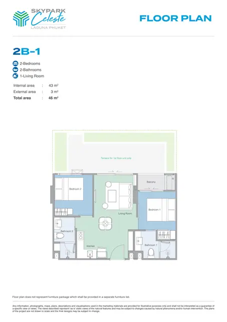 Skypark Celeste — Тип 2B-1 — 2 спальни · 46 м², Банг Тао и Лагуна, Пхукет
