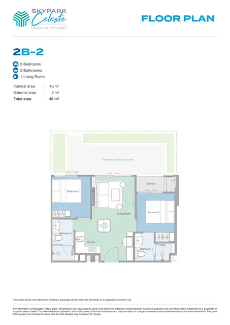 Skypark Celeste — Тип 2B-2 — 2 спальни · 46 м², Банг Тао и Лагуна, Пхукет