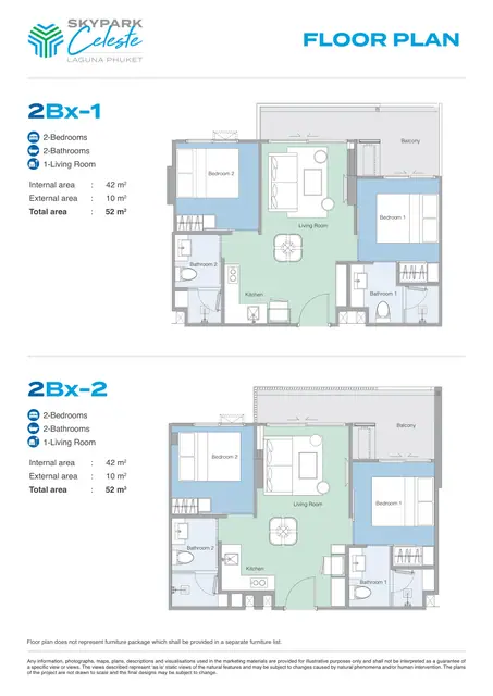 Skypark Celeste — Типы 2Bx-1 и 2Bx-2 — 2 спальни · 52 м², Банг Тао и Лагуна, Пхукет