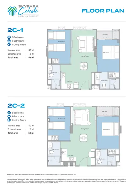 Skypark Celeste — Типы 2C-1 и 2C-2 — 2 спальни · 53 м², Банг Тао и Лагуна, Пхукет