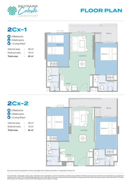 Skypark Celeste — Типы 2Cx-1 и 2Cx-2 — 2 спальни · 60 м², Банг Тао и Лагуна, Пхукет