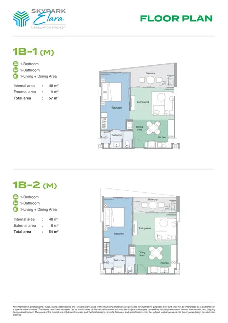 Skypark Elara Lakelands — 1 спальня · 1B-1, 1B-2 · 54–57 м², Банг Тао и Лагуна, Пхукет