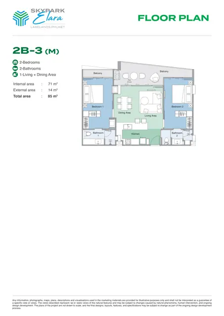Skypark Elara Lakelands — 2 спальни · 2B-3 · 85 м², Банг Тао и Лагуна, Пхукет
