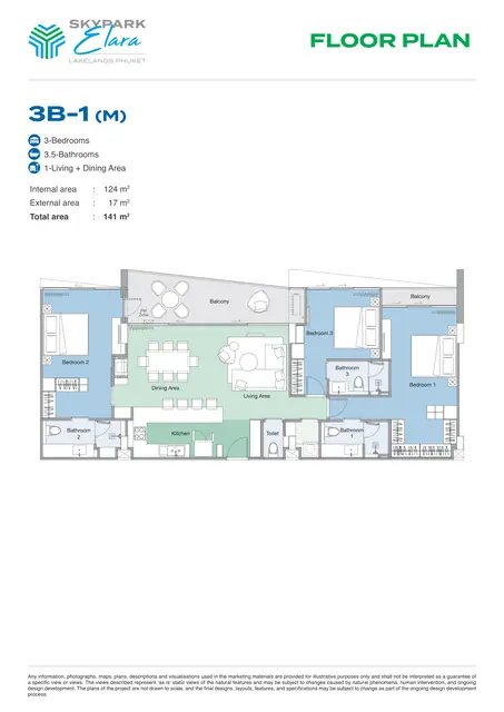 Skypark Elara Lakelands — 3 спальни · 3B-1 · 141 м², Банг Тао и Лагуна, Пхукет